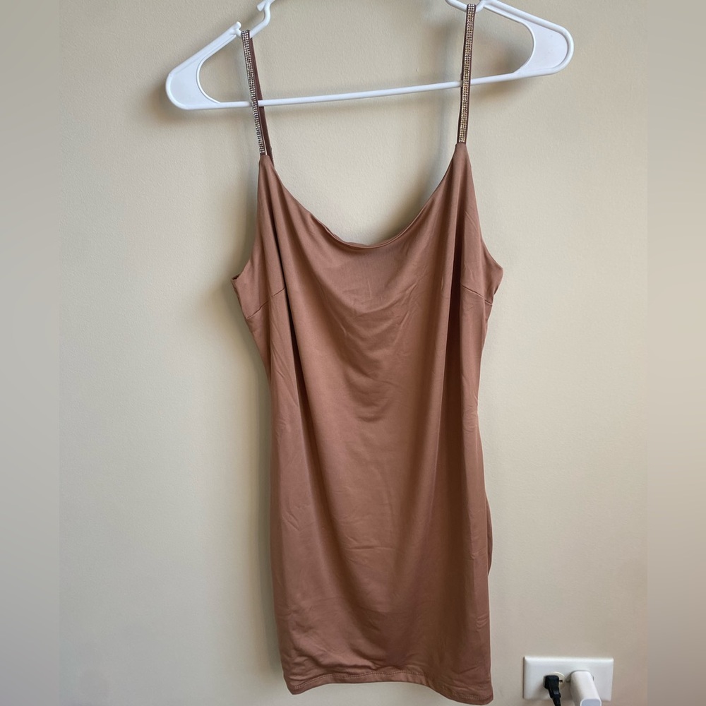 Tan mini dress with rhinestone straps